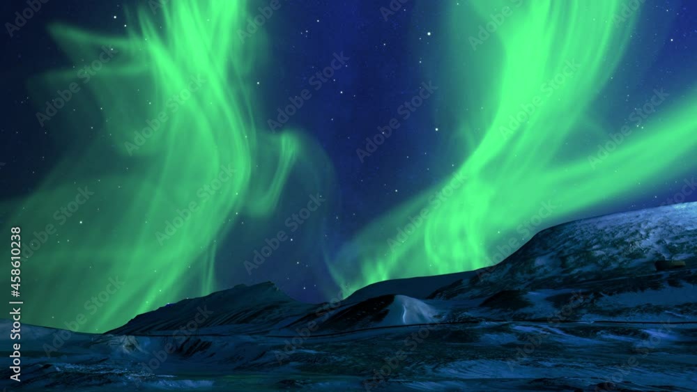 Winter landscape of snowy mountains with starry night sky and green polar lights in the background. Scene of Aurora Borealis or Northern Lights. High quality animation. Tourism and travel