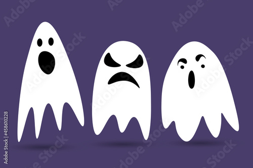 Cute Halloween ghosts. Scared funny ghost with different emotions. Set of icons isolated on a purple background. Cartoon vector illustration.