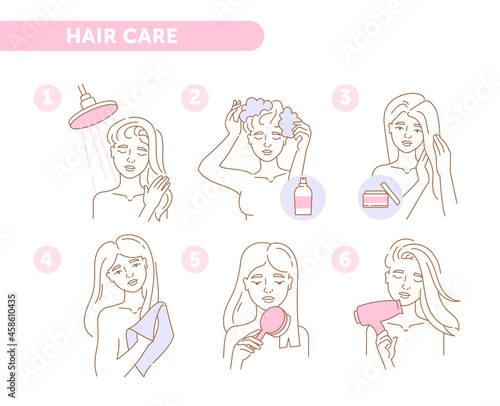 Instruction set with outline female character showing how to wash hair properly on white background. Woman is washing, drying hair with towel and hairdryer. Flat cartoon vector illustration