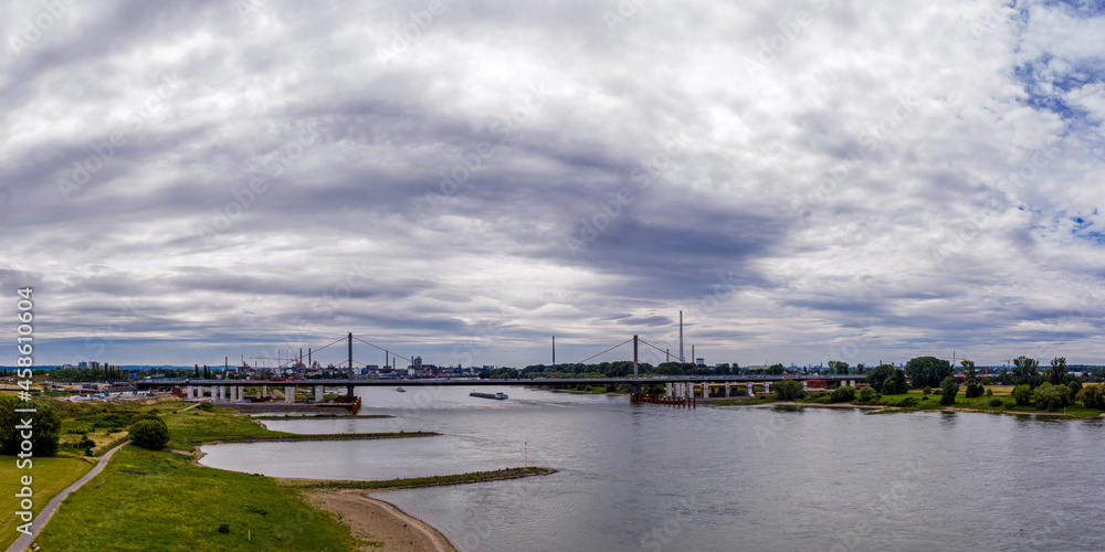 Panoramic view of the Rhine motorway bridge near Leverkusen, Germany. Drone photography.