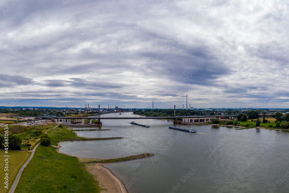 Panoramic view of the Rhine motorway bridge near Leverkusen, Germany. Drone photography.