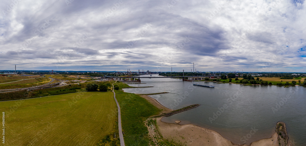 Panoramic view of the Rhine motorway bridge near Leverkusen, Germany. Drone photography. Panoramic view of the Rhine motorway bridge near Leverkusen, Germany. Drone photography.