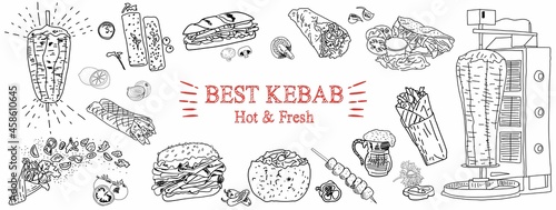 Shawarma cooking and ingredients for kebab. Doner kebab hand drawn. Fast food menu design elements. Restaurant cafe menu, template design. Food flyer. Vector.