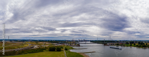 Panoramic view of the Rhine motorway bridge near Leverkusen, Germany. Drone photography.