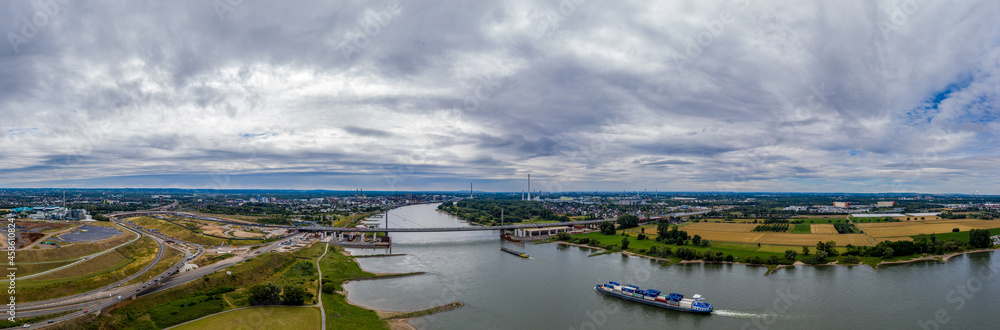 Panoramic view of the Rhine motorway bridge near Leverkusen, Germany. Drone photography