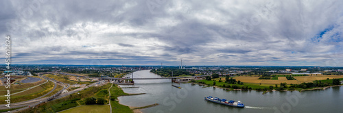 Panoramic view of the Rhine motorway bridge near Leverkusen, Germany. Drone photography