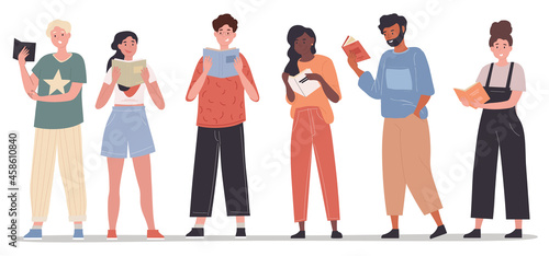 Set with young male and female students reading paper books on white background. Smiling people readers standing with open textbooks. Education, literature, knowledge. Flat cartoon vector illustration © Rudzhan