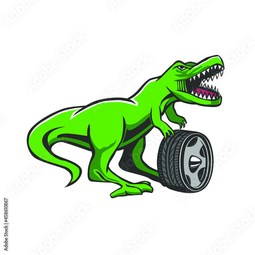Green dinosaur tirex holding a wheel from a light car