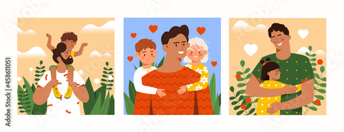 Set of fathers day scenes with dads taking care of their children outdoors. Concept of fatherhood, parenting and happy childhood. Happy smiling family members. Flat cartoon vector illustration © Rudzhan