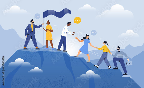 Male and female coworkers are helping each other to climb up the mountain together. Teamwork partnership. Company employee challenge to climb to mountain together. Flat cartoon vector illustration
