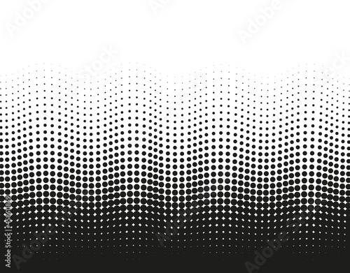 Halftone wavy dotted pattern. Pop art gradient background with circles. Comic half tone texture. Abstract wave design. Optical spotted effect. Black white banner. Monochrome vector illustration