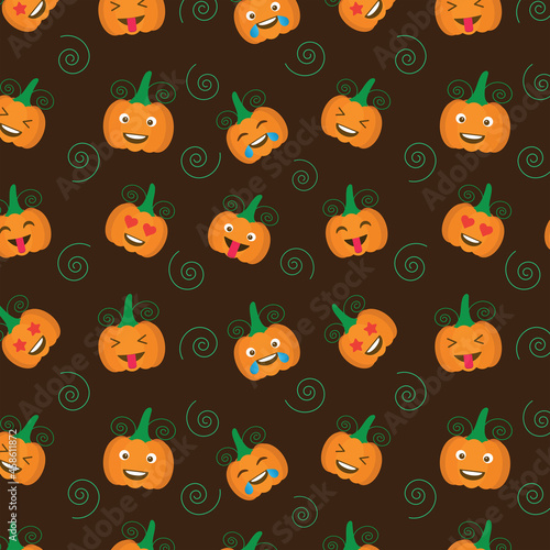 Funny pumpkin emoji seamless pattern on dark brown background. Great for Halloween and Thanksgiving posters and backgrounds.