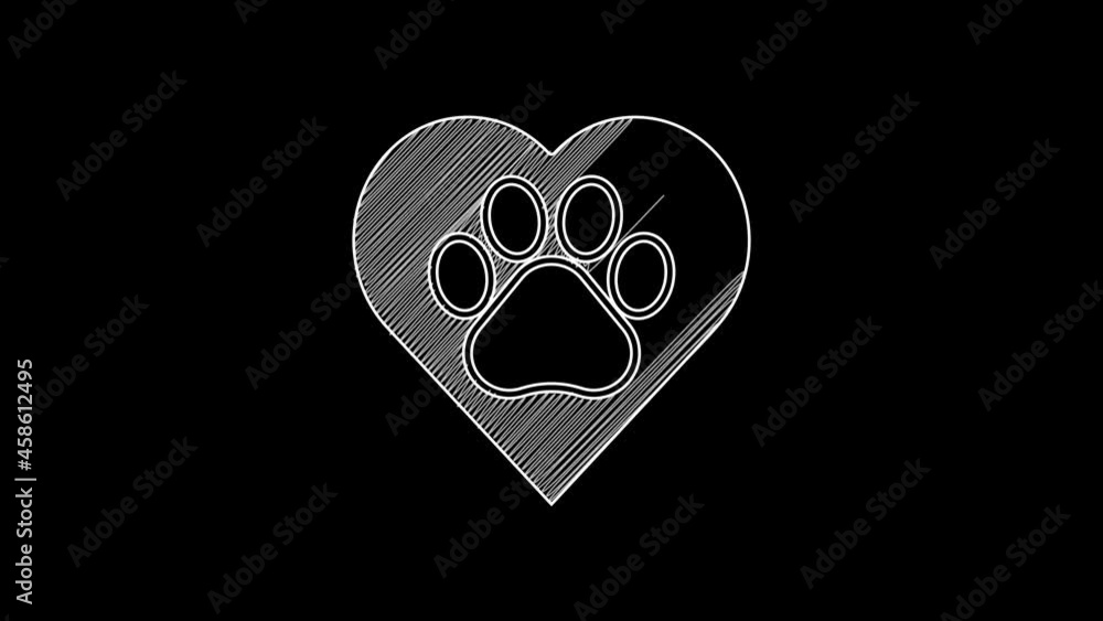 White line Heart with animals footprint icon isolated on black background. Pet paw in heart. Love to the animals. 4K Video motion graphic animation White line Heart with animals footprint icon isolated on black background. Pet paw in heart. Love to the animals. 4K Video motion graphic animation