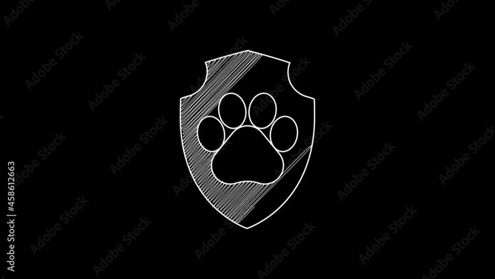 White line Animal health insurance icon isolated on black background. Pet protection icon. Dog or cat paw print. 4K Video motion graphic animation White line Animal health insurance icon isolated on black background. Pet protection icon. Dog or cat paw print. 4K Video motion graphic animation