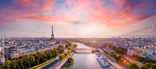 Panel kuchenny z motywem Paris aerial panorama with river Seine and Eiffel tower, France. Romantic summer holidays vacation destination. Panoramic view above historical Parisian buildings and landmarks with sunset sky