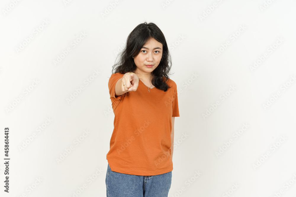 Pointing At You of beautiful asian woman Wearing orange T-shirt isolated on white background Pointing At You of beautiful asian woman Wearing orange T-shirt isolated on white background