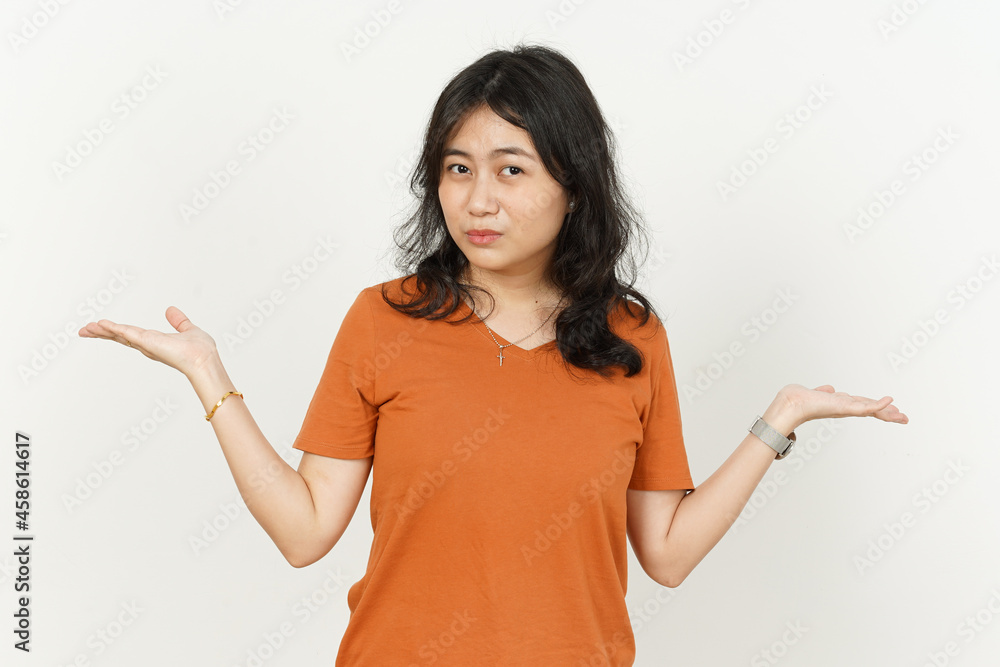 Showing Two product Copy Space on palm hand of beautiful asian woman Wearing orange T-shirt isolated on white background Showing Two product Copy Space on palm hand of beautiful asian woman Wearing orange T-shirt isolated on white background