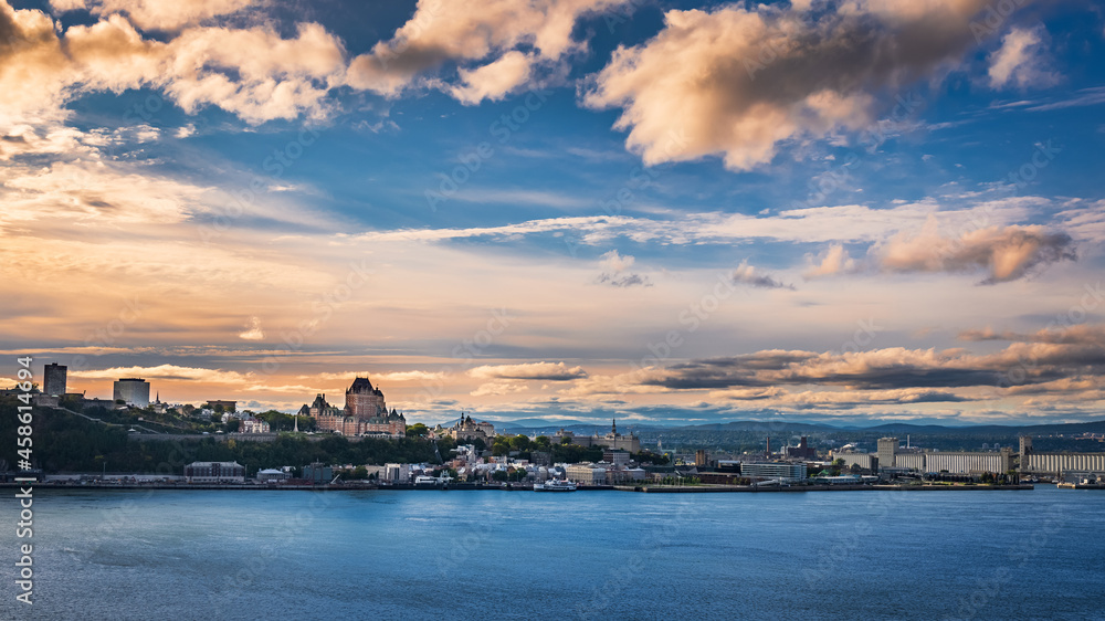 old Quebec City, with the Chateau Frontenac at sunset, seen from the St. Lawrence River