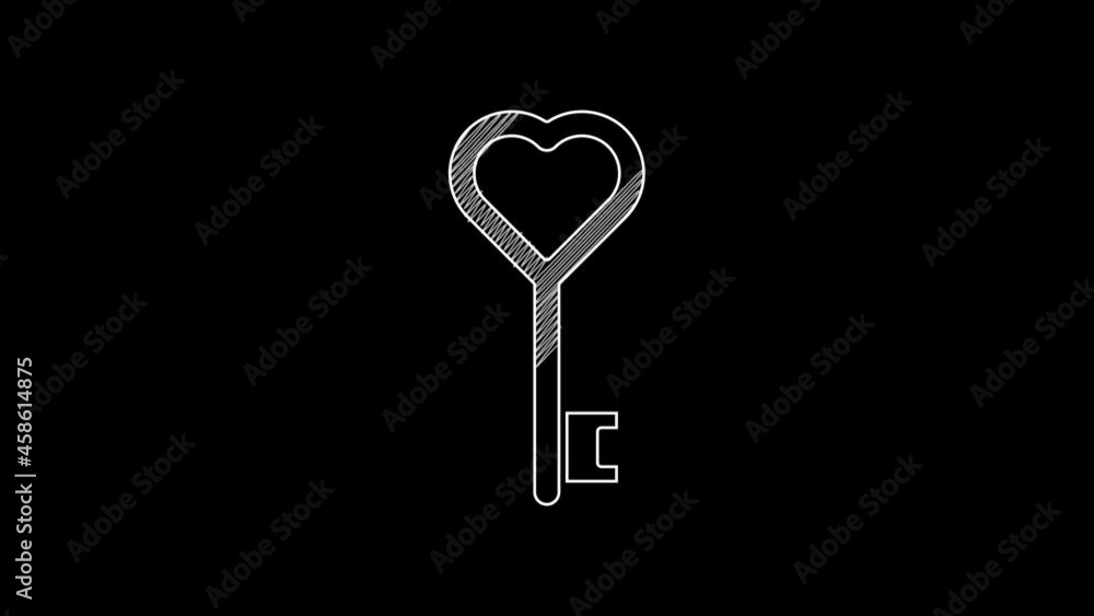 White line Key in heart shape icon isolated on black background. 4K Video motion graphic animation White line Key in heart shape icon isolated on black background. 4K Video motion graphic animation