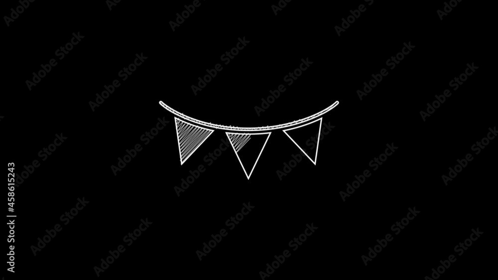 White line Carnival garland with flags icon isolated on black background. Party pennants for birthday celebration, festival and fair decoration. 4K Video motion graphic animation White line Carnival garland with flags icon isolated on black background. Party pennants for birthday celebration, festival and fair decoration. 4K Video motion graphic animation