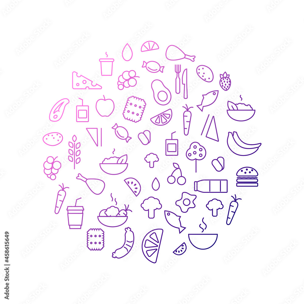 School meal concept circle layout with outline icons. Kids menu. Hehalthy food. Isolated vector stock illustration