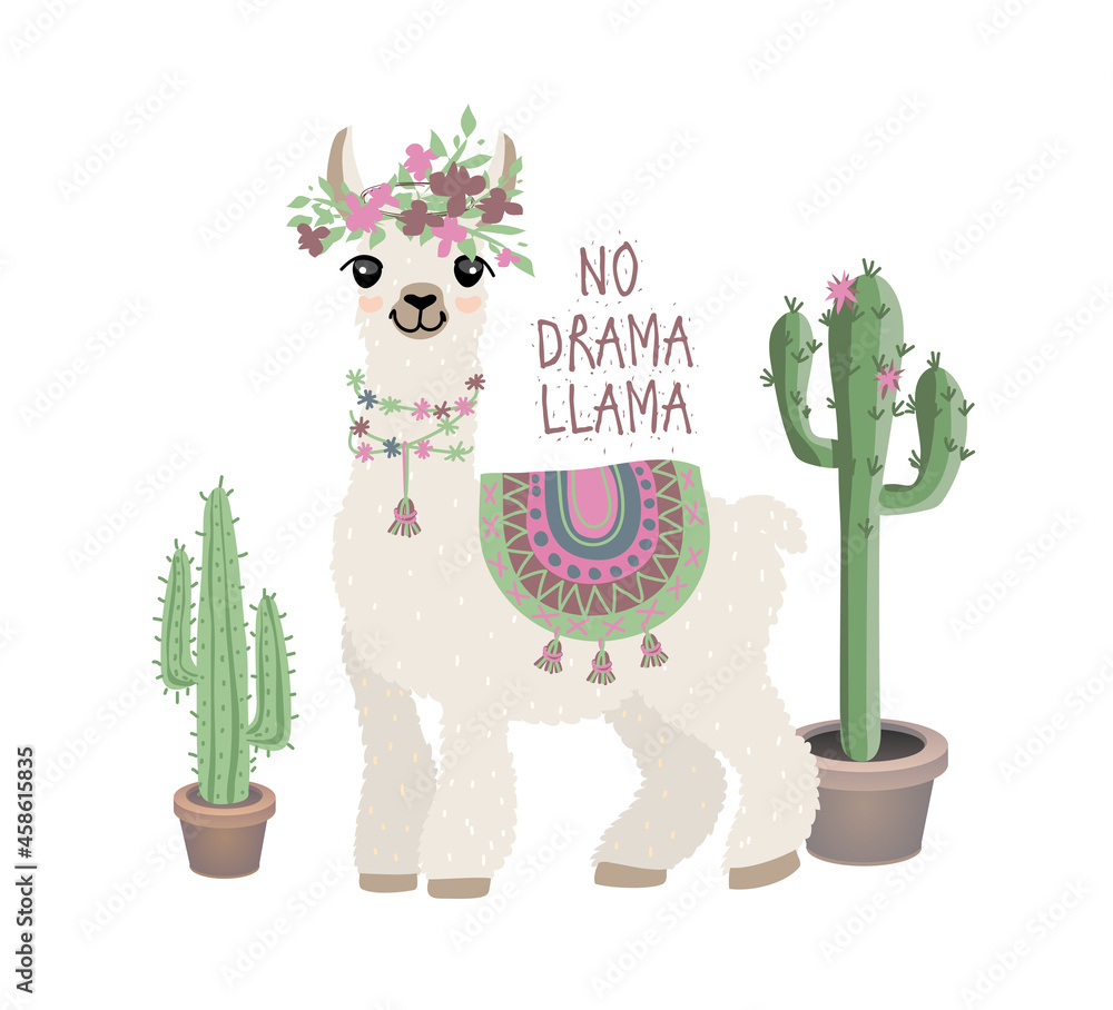 Lama, alpaca with cacti - print for a mug, sticker, t-shirt. No drama llama. - obrazy, fototapety, plakaty 