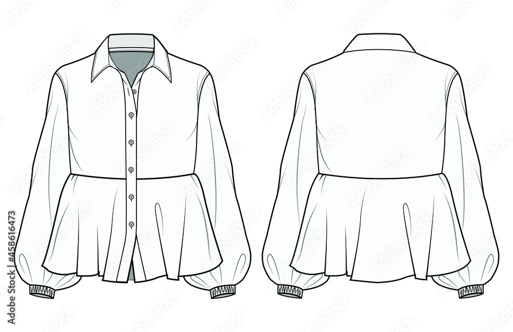 Vecteur Stock Women Bishop Sleeve Peplum Blouse with Shirt Collar Front and  Back View Vector Fashion Illustration , CAD, Technical Drawing, Flat Drawing.  | Adobe Stock