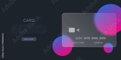 Credit card glass effect banner mockup, header, cover, landing page background. Vector illustration template.