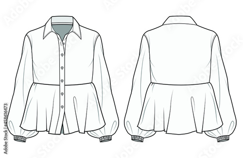 Women Bishop Sleeve Peplum Blouse with Shirt Collar Front and Back View Vector Fashion Illustration , CAD, Technical Drawing, Flat Drawing.