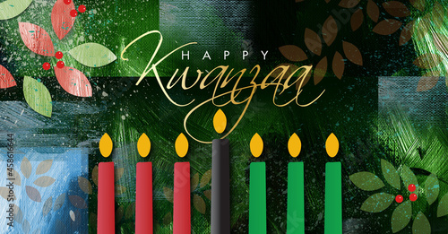 Happy Kwanzaa script brush stroke and leaves graphic background