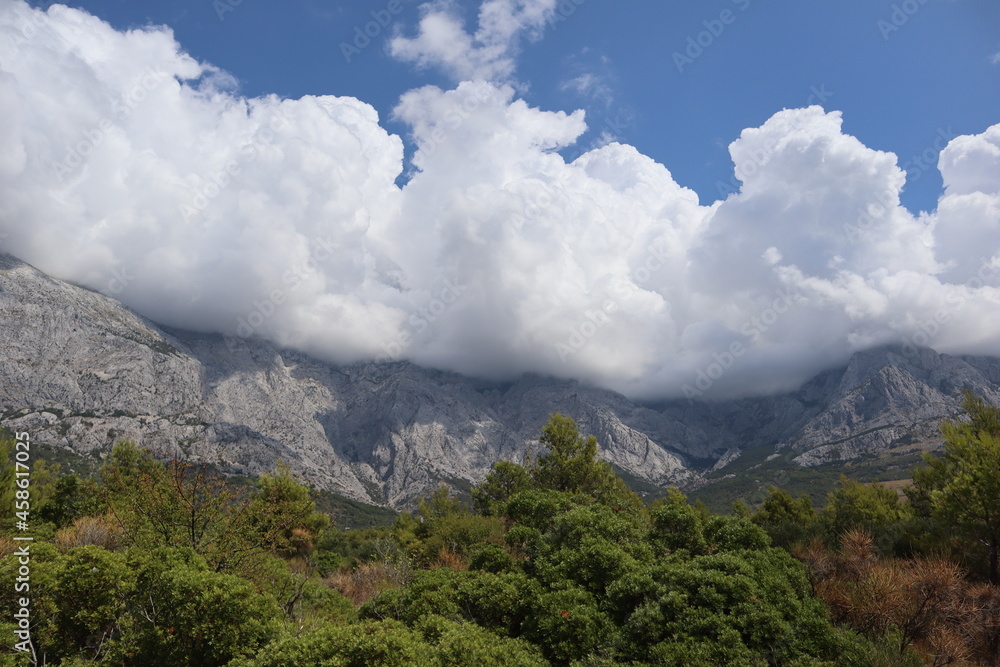 Picturesque clouds after rain over a mountain range against a background of green pine trees and a bright blue sky on a sunny summer day