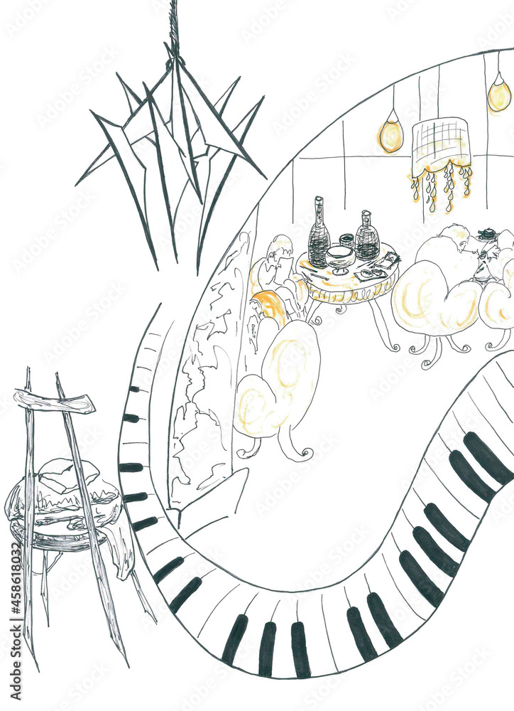 In the lobby is a piano and a creative chandelier with sharp edges, in the inner cozy room there is a soft light of lamps and a nice, friendly company. You can enjoy delicious and chat with pleasure. In the lobby is a piano and a creative chandelier with sharp edges, in the inner cozy room there is a soft light of lamps and a nice, friendly company. You can enjoy delicious and chat with pleasure.