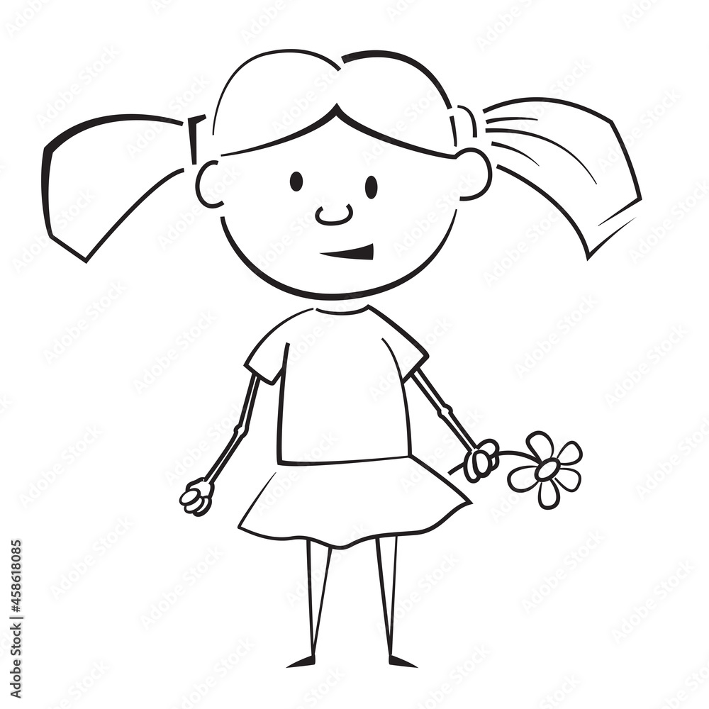 childrens drawing girl with flower vector black and white illustration childrens drawing girl with flower vector black and white illustration