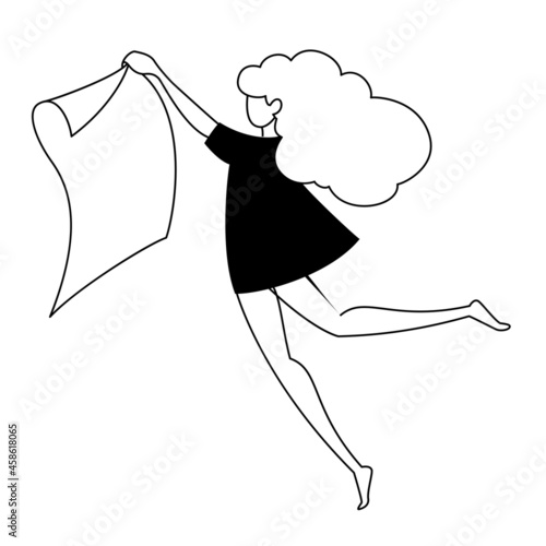 running young woman with poster vector black and white illustration