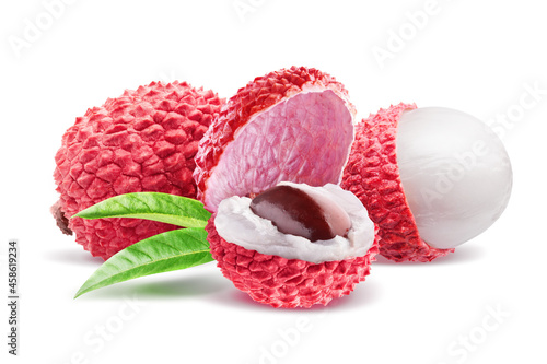 Composition of three lychee fruits isolated on white background.