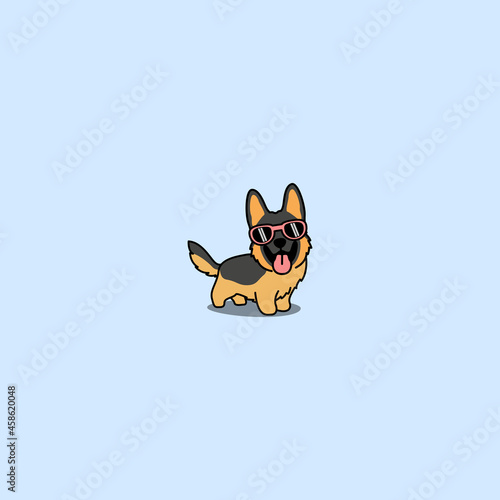 Funny german shepherd puppy with sunglasses cartoon, vector illustration