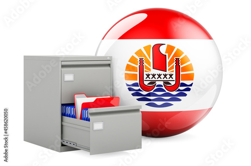 Database in French Polynesia, concept. Folders in filing cabinet with French Polynesian flag, 3D rendering