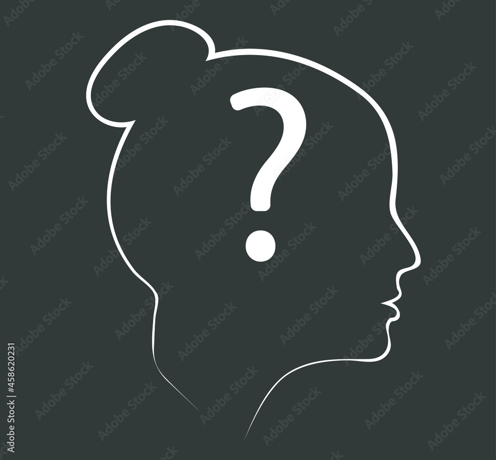 Portrait. Linear silhouette of a female head. Icon. Flat illustration of face. Head icon with a question mark inside. Silhouette of a girl. Woman avatar. Linear avatar. Question in the head Portrait. Linear silhouette of a female head. Icon. Flat illustration of face. Head icon with a question mark inside. Silhouette of a girl. Woman avatar. Linear avatar. Question in the head