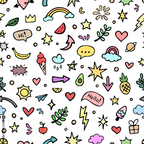 Vector seamless pattern with colorful doodles. Hand drawn design for wallpaper, wrapping, stationery, textile.