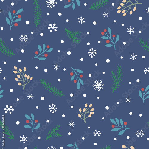 Vector seamless pattern with branches  berries and snowflakes. Cute design for Christmas wrappings  textile  wallpaper and backgrounds.