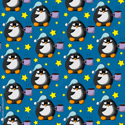 Seamless vector pattern with cute cartoon sleep penguin and star