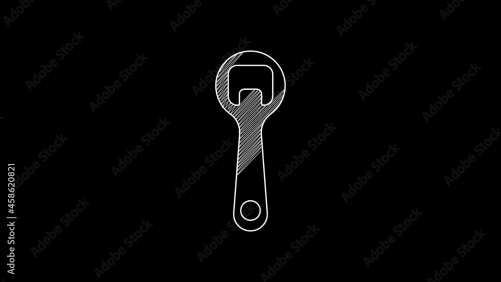 White line Bottle opener icon isolated on black background. 4K Video motion graphic animation White line Bottle opener icon isolated on black background. 4K Video motion graphic animation