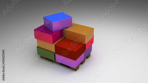 Colored cartons on an industrial pallet, original 3d rendering