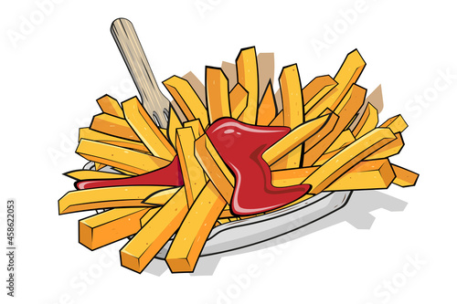 cartoon illustration of french fries with ketchup