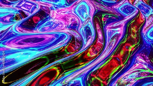 3d render. Liquid pattern like waves. 3D stylish abstract iridescent bg of wavy surface like brilliant liquid glass with rainbow beautiful gradient colors. Trendy colorful fluid