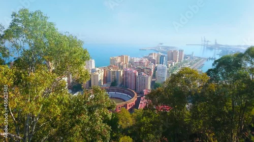 Malaga port and Bullring arena from the top, Spain