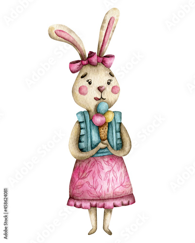 Watercolor bunny in a pink skirt with bows and ice cream on a white background (ID: 458624081)