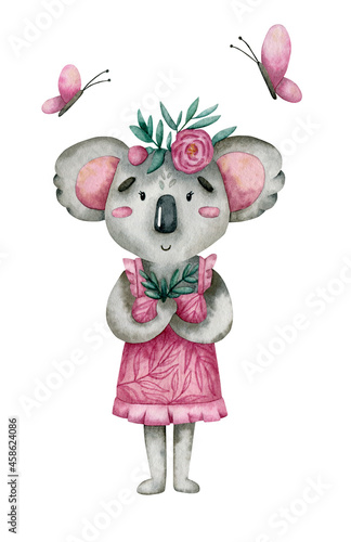 Watercolor koala in a pink dress with eucalyptus and butterflies on a white background (ID: 458624086)