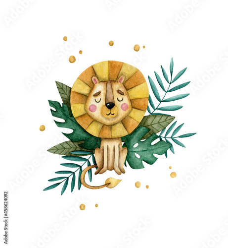 Watercolor lion with tropical leaves on a white background (ID: 458624092)