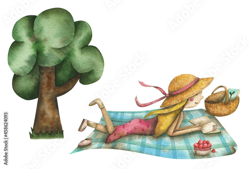 Watercolor girl in a hat on a plaid reads a book under a tree on a white background (ID: 458624093)